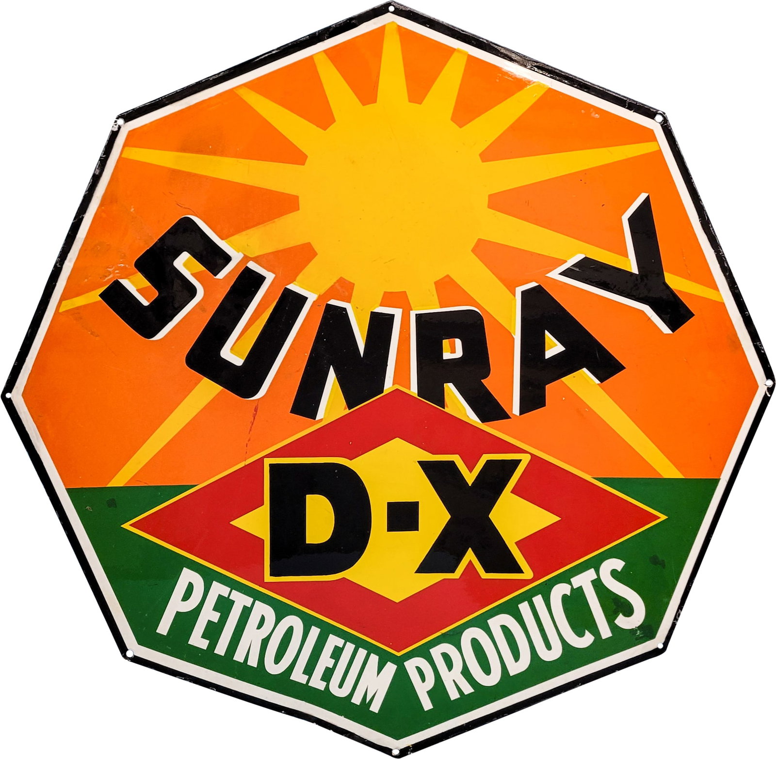 Restored Sunray D-X SSP Sign: 27" restored sign shows general wear with restoration throughout. There are light scratches present and the sign has been clear coated. The bottom perimeter has a shallow bend.