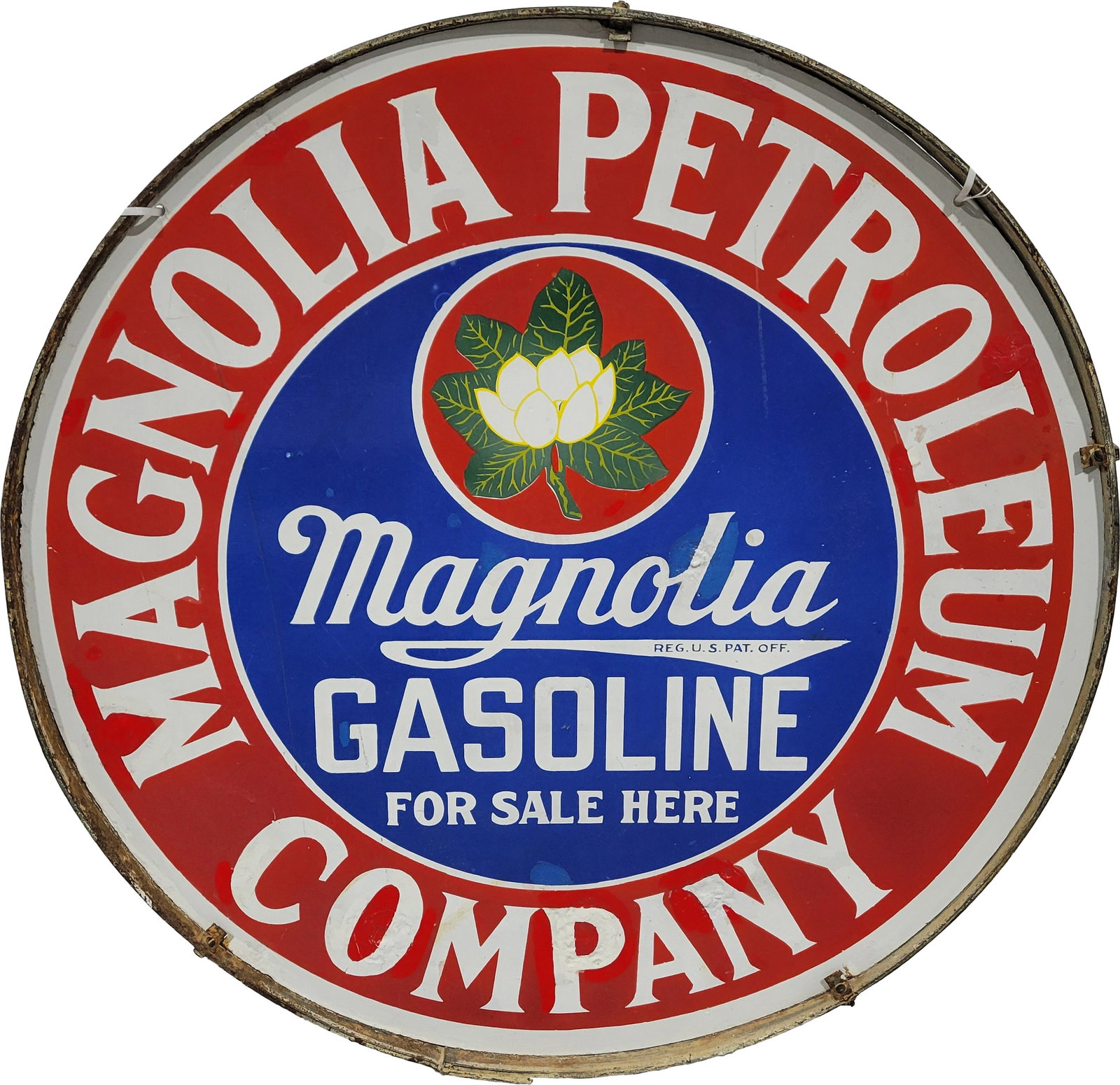 Magnolia Petroleum Co. Gasoline for Sale Here 30" DSP Sign w/ Ring: 30" D, DSP sign with factory ring has good color. The display exhibits general wear throughout with numerous touched up chips and clear coat. The reverse is very similar to the display. The metal ring