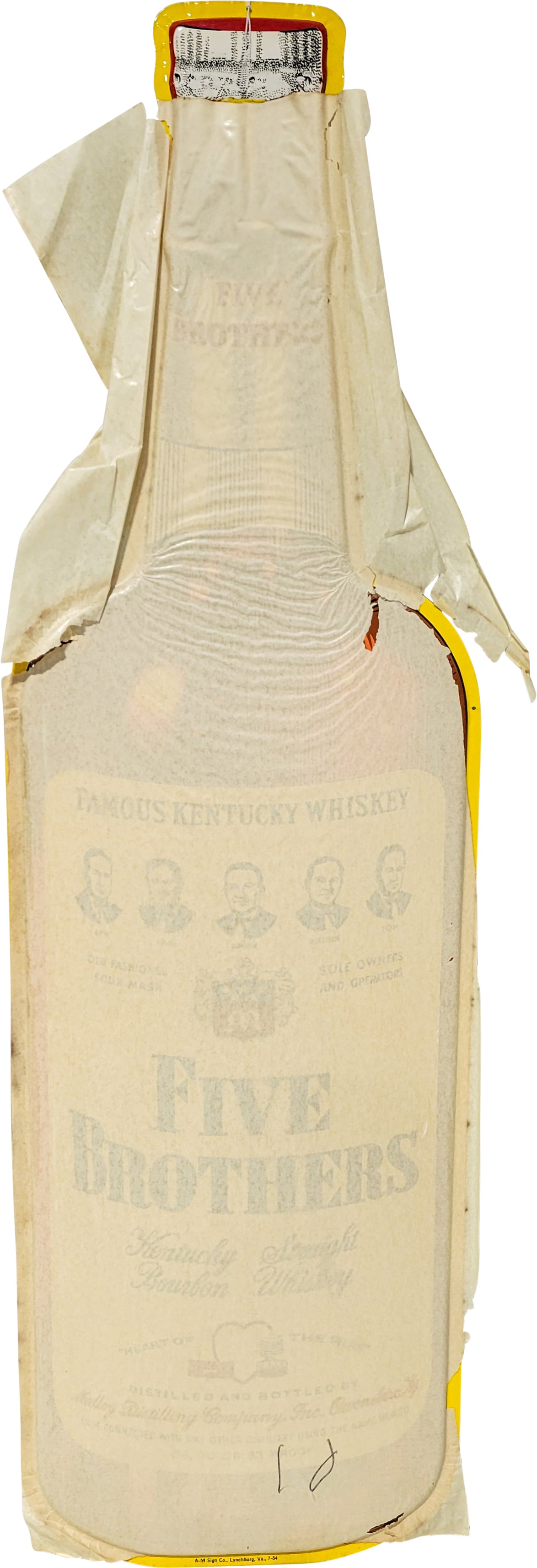 NOS 1954 Five Brothers Bourbon Whiskey Die Cut SST Bottle Sign (1 of 2)