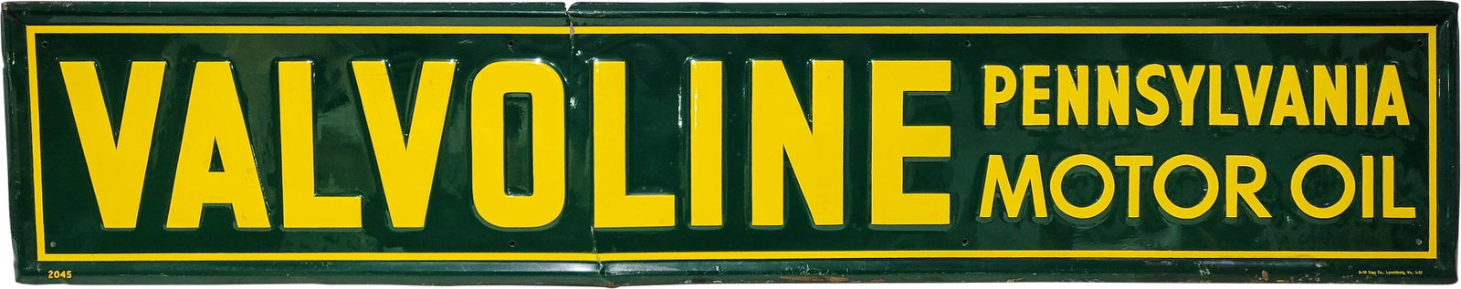 Valvoline Pennsylvania Motor Oil Embossed SST Sign: 60" x 12" SST embossed sign displays strong colors and excellent shine. There is a shallow bend in the center with a cut on the top edge. The self frame has light wear with an area of chipped paint an