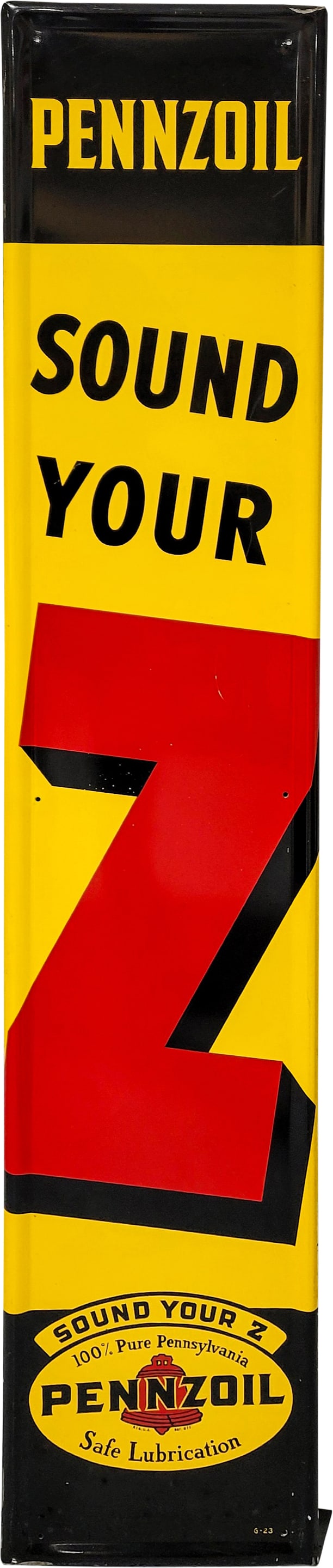 Pennzoil Sound Your Z SST Vertical Sign: 12" x 60" SST vertical sign displays excellent color and shine. There is a light scratch on the letter "R" that extends down into the red letter "Z" and there are scattered flea bite chips in the pain