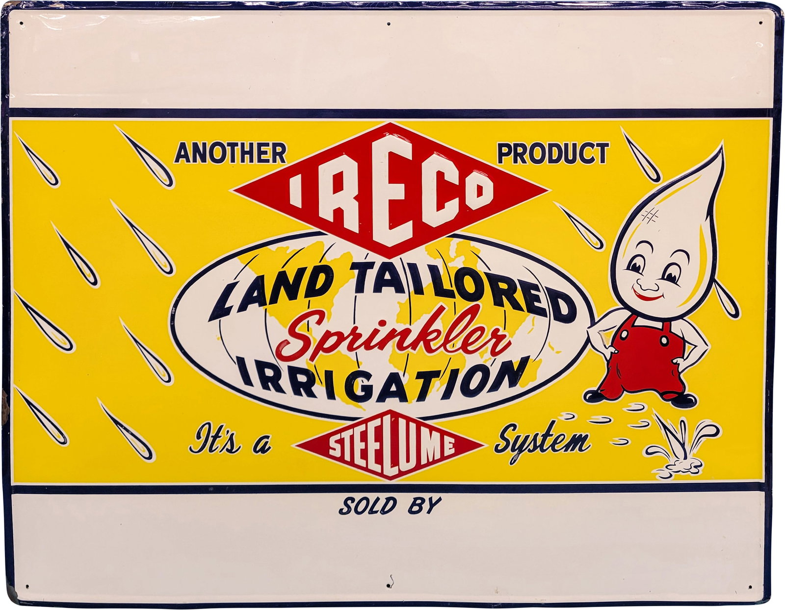 IRECO Steelume Sprinkler SST Embossed Sign: 30" x 24" SST embossed sign displays bright colorful graphics and high shine. There is a minor shallow bend at the top of the sign in the wide white section and light scuffs in the field. The bottom c