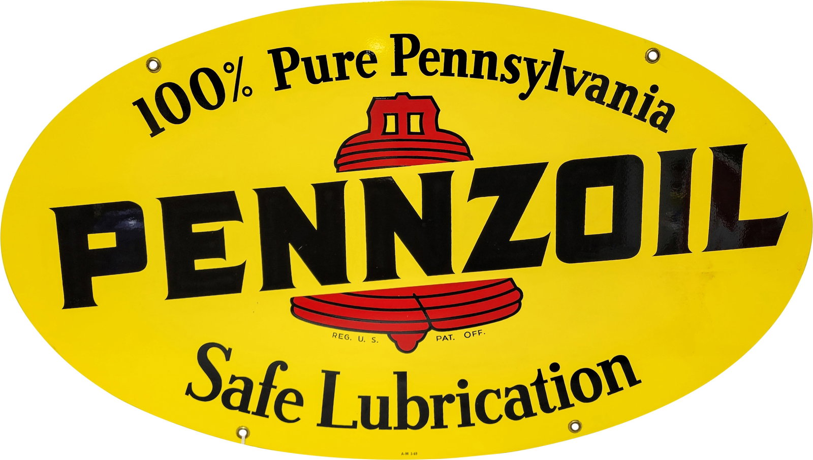 Pennzoil Safe Lubrication DST Sign: 31" x 18" DST sign in excellent condition with strong color and high shine on both sides. There is a small area of subtle discoloration on one side below the letter "L". Appears to be NOS. Displays ve
