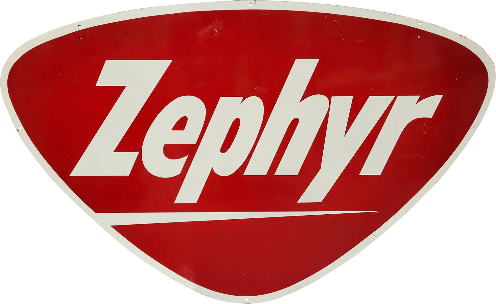 Zephyr Gasoline 5' DST ID Service Station Sign: 38" x 60", DST sign has excellent color and shine. The display has light wear with fine scratches, marks, small paint chips and areas of discoloration. The reverse has additional wear in the fields. O