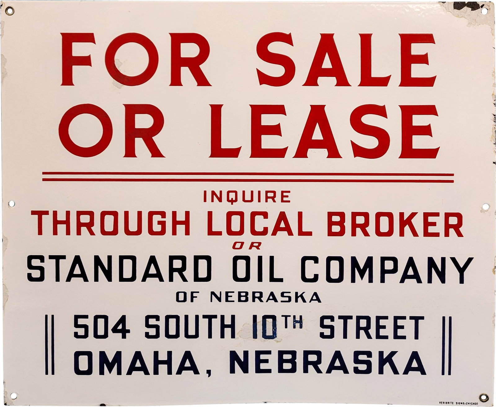 Standard Oil Company For Sale or Lease SSP Sign: 24" x 20" SSP sign displays excellent colors and high gloss. There are several chips in the field with porcelain crazing that have been touched up. The perimeter has small chips with touch ups. Veribr