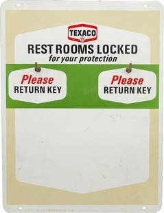 Texaco Restrooms Key Holder Double Sided Tin Sign: 9" x 12", DST (double sided tin) service station sign displays good color and shine. There is minor wear on each side with light scuffs and scratches. C&P 6-74.