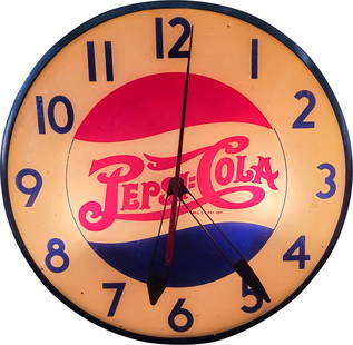 Pepsi Cola Light Up Advertising Clock: 15" working light up clock featuring a glass face and Masonite can. The clock is in good working condition with typical signs of wear on the back side of the can with minor bends on the metal trim. Th