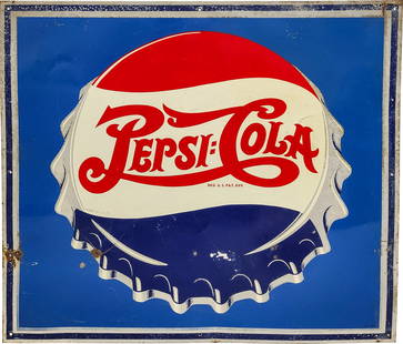 Pepsi Cola Double Dot Emb. Single Sided Tin Sign w/ Bottle Cap Logo: 27" x 30.5", SST (single sided tin) crimped edge sign has good color and shine. The field has fine scratches, minor bends with areas of paint loss and non-factory holes in the lower field. The perimet