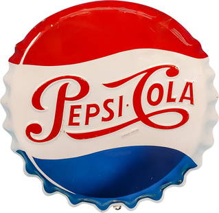 Pepsi Cola 3D Emb. 19" Single Sided Porcelain Convex Bottlecap Sign: 18.75" D., SSP (single sided porcelain) embossed three-dimensional convex sign has very good color and gloss. The field has light wear with small chips in the lettering and minor cloudiness in the out