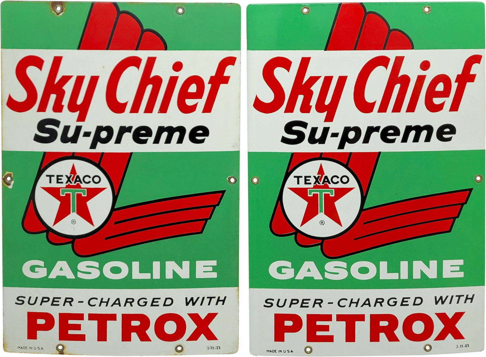 Group of Two Texaco Sky Chief Supreme Gasoline w/ Petrox Single Sided Porcelain Pump Plate Signs: 18" x 12", Group of two SSP (single sided porcelain) pump plate signs. Plate #1 has a clean field and perimeter with minor surface imperfections. All six factory grommets are intact and the sign is ma
