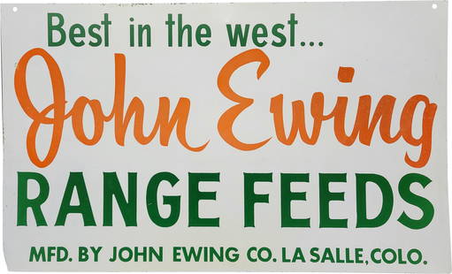 John Ewing Range Feeds Single Sided Tin Sign: 30" x 18" SST (single sided tin) Best In The West John Ewing Range Feeds sign features reflective orange smaltz lettering . The color is bright and the sign is overall very good condition with a small