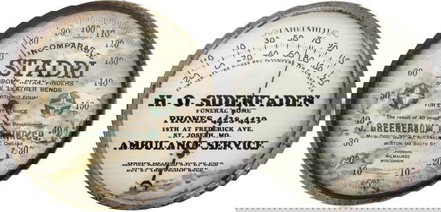 H.O. Sidenfaden Ambulance Service and J. Greenbaum Tanning Co. Round Thermometers: Lot includes pair of 9" working thermometers, both featuring a glass face and a metal casing. The casing on the Sidenfaden thermometer shows normal signs of wear with light surface rust and the interi