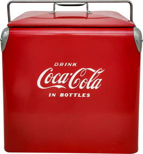 Original Drink Coca Cola In Bottles Embossed Picnic Cooler: 18.5" x 19" x 12" embossed Coca Cola cooler in very good original condition. The cooler has a few minor scratches in the paint and the metal has minor signs of age. The original spout cap and galvaniz