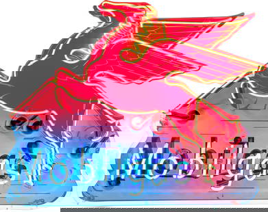 Mobilgas Pegasus Neon Sign: 28" x 22" x 8.5", Modern made Mobilgas Pegasus SSP (single sided porcelain) neon sign displays very well with vibrant red, white, and blue neon colors. The neon has a metal can with 2 eye hooks instal