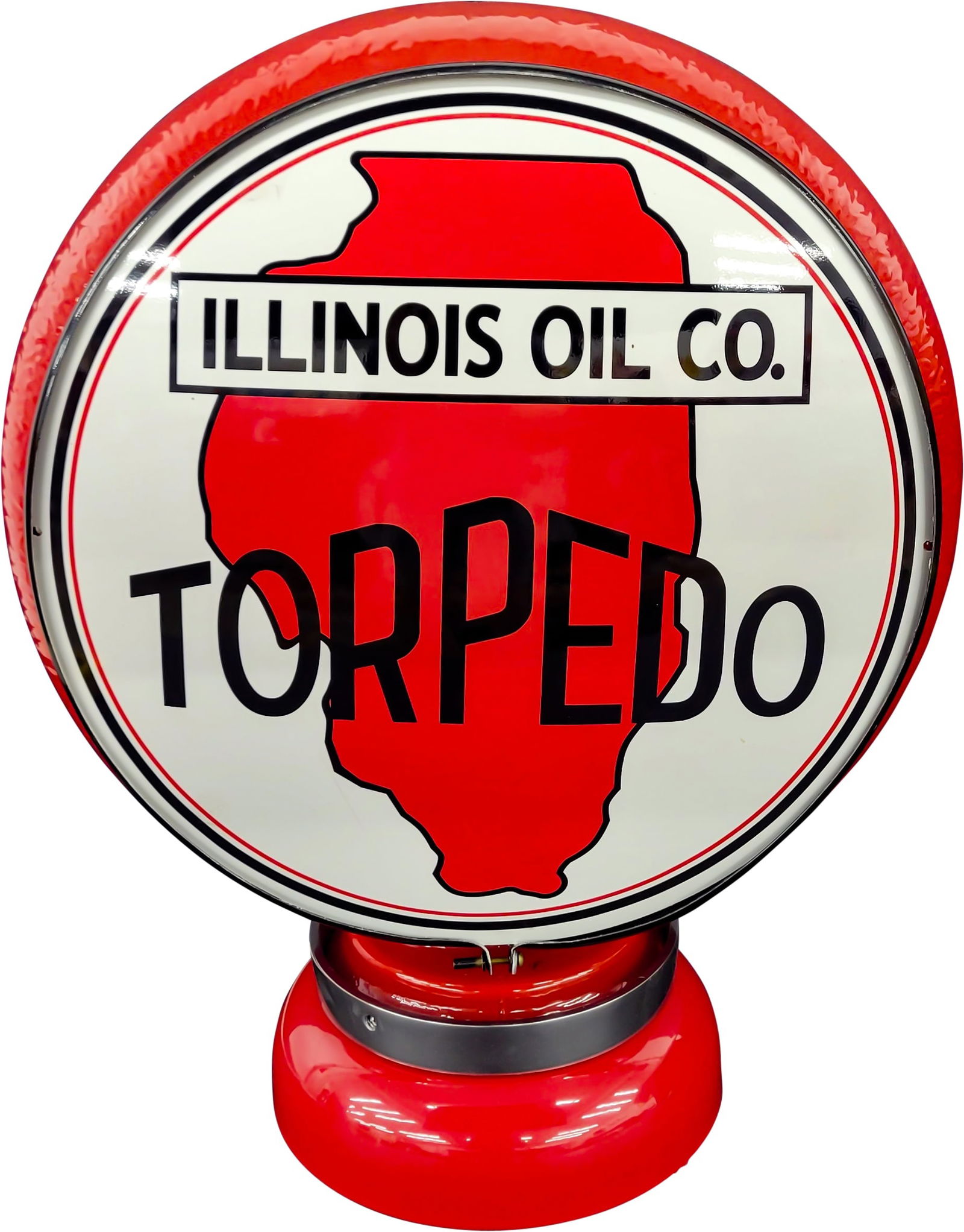 Complete 13.5" Modern Illinois Oil Co. Gasoline Gill Red Ripple Gas Pump Globe w/ Lighted Base (1 of 3)