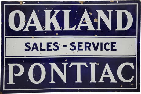 Oakland Pontiac Sales Service Double Sided Porcelain Sign: 23.75" x 35.5", DSP (double sided porcelain) sign has good color and gloss. Side #1 has surface wear with chips in the fields and perimeter. The reverse has additional chips. The sign has great color