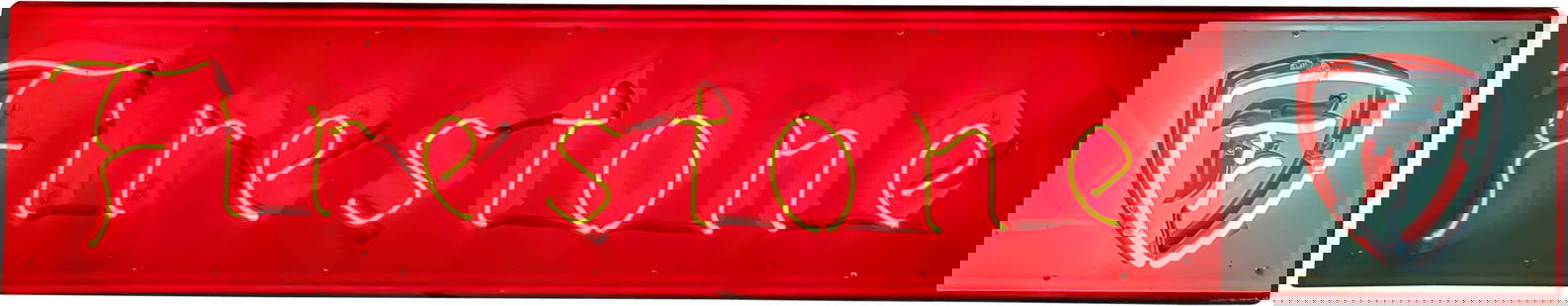 Firestone 6' Emb. Single Sided Tin Neon Sign w/ Logo: 14" x 72" x 8", SST (single sided tin) embossed self-framed sign with added neon and metal can has very good color and shine. The sign features two-color neon, which accents the lettering and logo per