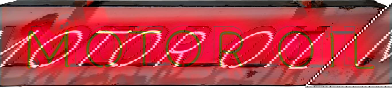 Motor Oil 51" Single Sided Porcelain Neon Sign: 11" x 51" x 8", SSP (single sided porcelain) sign with added neon and metal can has good color and gloss. The field exhibits areas of surface wear with chips and two non-factory holes at the "M" in Mo