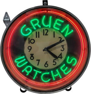 Gruen Watches 24" Neon Advertising Clock: 24" x 24" x 7", Incredible early two-color neon advertising clock with metal can. The clock portion and the neon both work as they should. The inner face has light wear with age-related toning. The ou