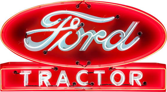 Ford Tractor 6' Double Sided Tin Neon Advertising Sign: 40" x 72" x 16", Modern DST (double sided tin) sign with two-color neon and metal can has outstanding color and shine. Both sides exhibit clean fields and perimeters. The metal can is in excellent con