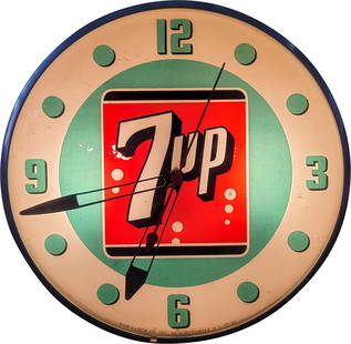 7Up Pam Advertising Clock: 15" working illuminated Pam clock features a glass face and metal housing. The inner glass face has several small areas of flaked paint on the 7up logo. The metal can has signs of wear on the back wit