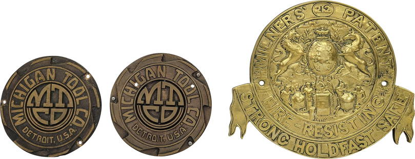 Michigan Tool Co. and Milner's Safe Plaques: Lot of 3 plaques includes two 6.25" Michigan Tool Co. Detroit U.S.A. plaques and one brass embossed 10.25" x 9" Milner's 212 Patent Fire Resisting Strong Holdfast Safe plaque featuring the British Coa