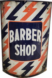 Barber Shop Single Sided Porcelain Curved Sign With Bracket: 16" x 4" x 24" SSP (single sided porcelain) Barber Shop sign comes with the original mounting bracket. The curved sign exhibits crackling and staining across the porcelain surface along with minor chi