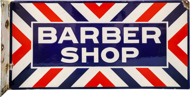Barber Shop Double Sided Porcelain Flange Sign: 12" x 24", DSP (double sided porcelain) flange has excellent color and gloss. Side #1 has light wear with fine scratches in the fields. The perimeter has a small added hole on the upper right corner w