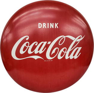 Drink Coca Cola Single Sided Porcelain Button Sign: 24" SSP (single sided porcelain) Coca Cola button sign exhibits good color and a subtle shine with hazy vertical streaks visible. There are porcelain chips on the mounting holes and staining around th