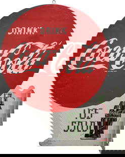 1951 Drink Coca Cola Ice Cold Double Sided Tin Flange Sign w/ Bottle: 22.5" x 18", DST (double sided tin) die cut flange has very good color and shine. Side #1 has fine scratches with other light wear in the field with heavier scratches on the Coke bottle in the lower f