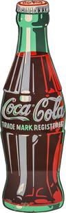 Coca Cola Vertical Die Cut Single Sided Porcelain Bottle Sign: 43.5" x 13", Modern SSP (single sided porcelain) sign by Andy Rooney has good color and gloss. The sign has a vertical scratch in the field with chips and surface imperfections in the outer fields and