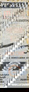 Atlantic Aviation Pennsylvania Motor Oil Single Sided Tin Sign w/ Plane: 43" x 13", SST (single sided tin) sign with added wooden support frame has moderate color and shine. The sign has heavy wear throughout with fading, added holes and bends. The plane graphic and early