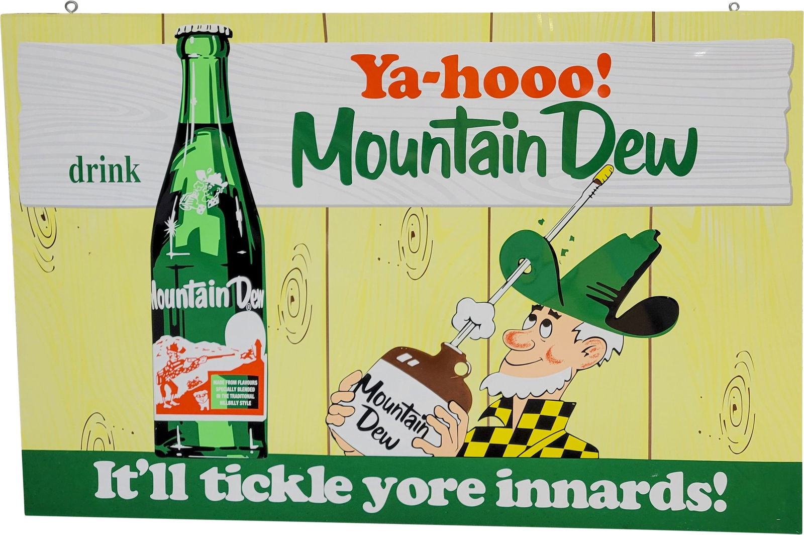 Drink Mountain Dew 5' Emb. Single Sided Tin Sign w/ Hillbilly & Bottle (1 of 2)