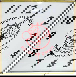 Reddy Kilowatt Illuminated Pam Advertising Clock: 15" functioning light-up clock features Reddy Kilowatt. It includes a new glass interior advertising face, an exterior glass face, a metal can, and metal housing. The clock shows typical signs of wear