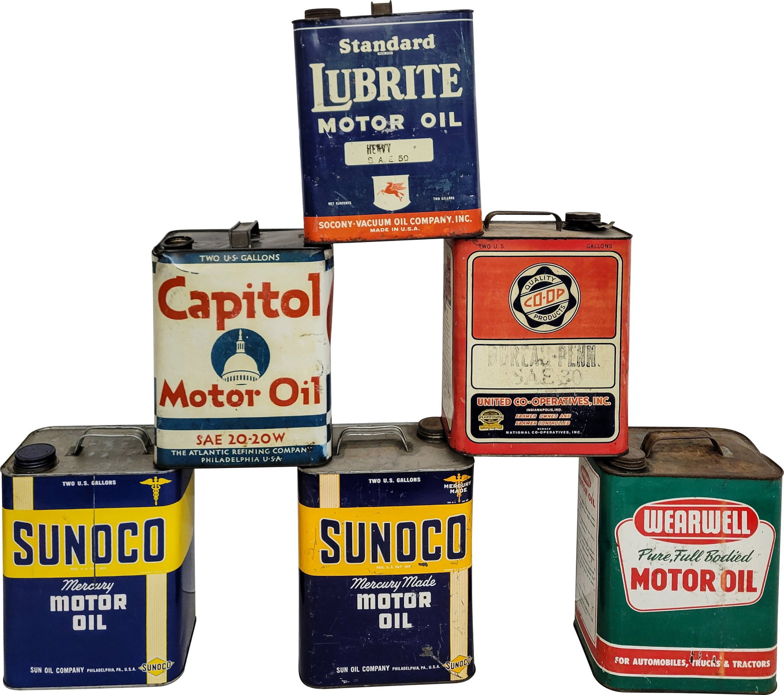 Lot of 6 Oil Cans: This collection includes six empty 2 gallon oil cans. The brands represented include Sunoco, Wearwell, Standard, Capitol, and Co-Op. The cans exhibit varying degrees of wear, with fading, minor dents,