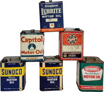 Lot of 6 Oil Cans: This collection includes six empty 2 gallon oil cans. The brands represented include Sunoco, Wearwell, Standard, Capitol, and Co-Op. The cans exhibit varying degrees of wear, with fading, minor dents,