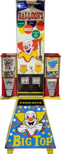 Big Top Vend-Rite Bozo Balloon Vending Machine: 25" x 62" x 13" coin operated vending machine that dispenses balloons and gumballs. It showcases a Bozo the Clown theme, featuring a central compartment for balloons that are inflated via a hand pump