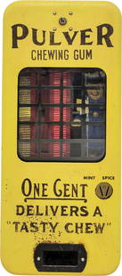 Pulver Chewing Gum Stop and Go Cop Vending Machine: 8.5" x 20.75" x 4.5" coin op Pulver one cent vending machine is in good condition with normal signs of wear including flaking paint and scratches. When a penny is inserted, the machine dispenses produ