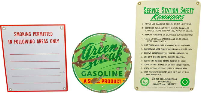 Lot of 3 Signs Porcelain Shell Green Streak Pump Plate, Service Station Safety, & Smoking Permitted: 12" D., Group of three signs includes a Shell Green Streak SSP (single sided porcelain) pump plate, which has heavy wear throughout, a SST (single sided tin) Service Station Safety Reminder sign, whic