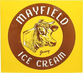 Mayfield Jersey Ice Cream Double Sided Tin Flange Sign w/ Logo: 18" x 20", DST (double sided tin) flange has excellent color and shine. Side #1 has a clean field and perimeter. The reverse has a few minor surface imperfections. Overall an outstanding example. This