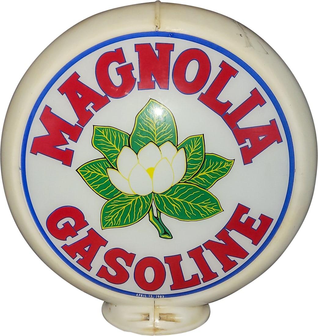 1983 Magnolia Gasoline Gas Pump Globe: 16.5" T, two 13.5" April 13, 1983 lenses with a Capco gas pump body. Both lenses display excellent color. The body has stains and stress cracks along the outer sides. The base of the body has a 1" pie