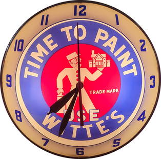 Time To Paint Use Witte's Double Bubble Advertising Clock: 15" working illuminated clock features a glass face and metal housing. The clock displays very well with minor wear on the chrome trim and light wear on the metal can. Marked Advertising Products Inc.