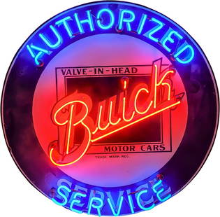 Buick Authorized Service "Valve in Head" 42" Single Sided Porcelain Neon Sign: 42" x 42" x 8", SSP (single sided porcelain) sign with added neon and metal can has good color and gloss. The field exhibits light surface wear with color-matched chips and small areas of crazing. The