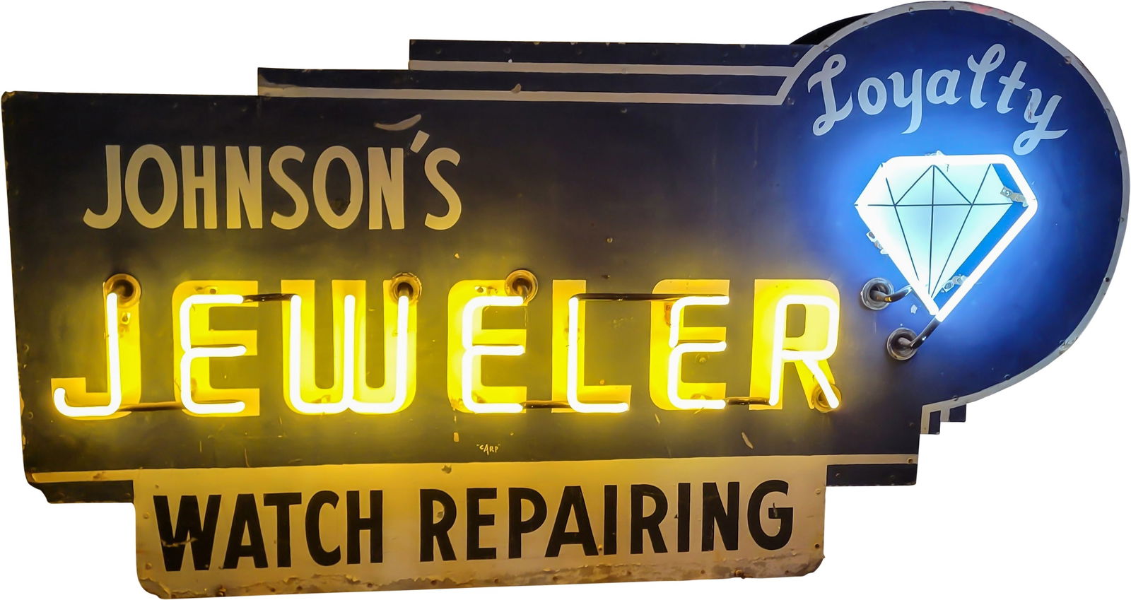 Johnson's Jeweler Watch Repairing 5.5' Double Sided Tin Factory Neon Sign (1 of 5)