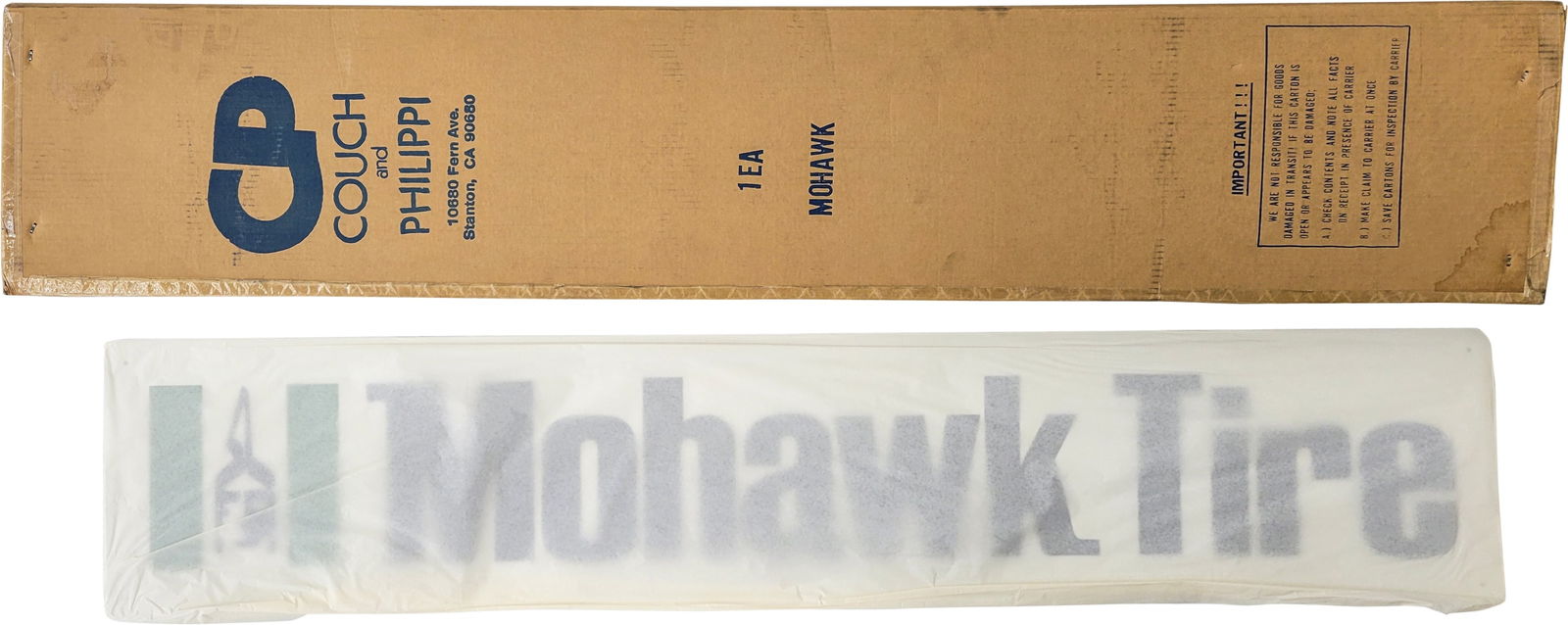 Mohawk Tires 5' New Old Stock Emb. Single Sided Tin Sign w/Original Box (1 of 2)