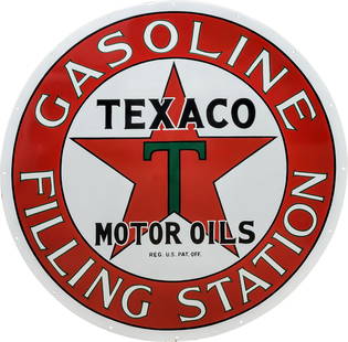 Texaco Gasoline Motor Oils Filling Station 42" Single Sided Porcelain Sign "Restored": 42" D., SSP (single sided porcelain) sign has been professionally restored. The sign features exceptional color with clean field. The outer fields and perimeter have a few minor surface imperfections