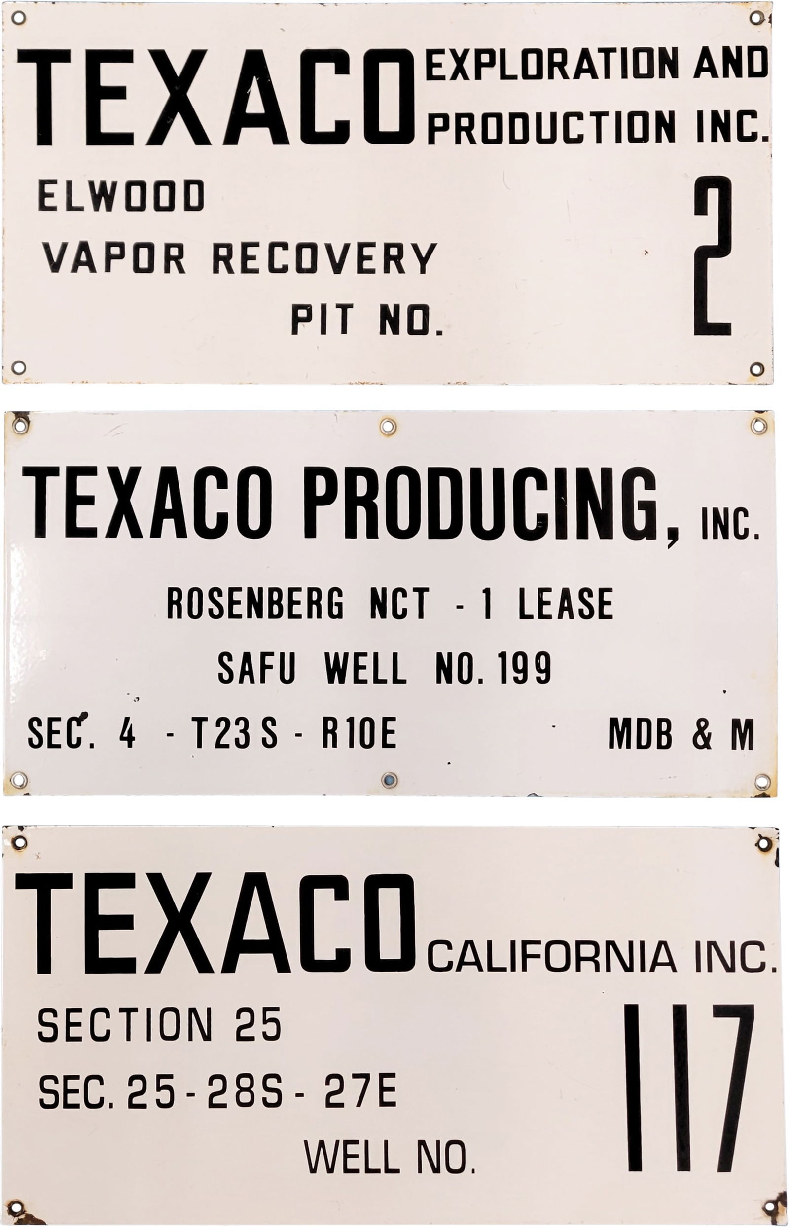 Group of Three Texaco Field Lease Single Sided Porcelain Signs Elwood Rosenberg & California (1 of 2)