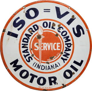Standard Oil Co. of Indiana Iso=Vis Motor Oil 30" Double Sided Porcelain Sign w/ Logo: 30" D., DSP (double sided porcelain) sign has good color. Side #1 has good gloss with surface wear, chips and crazing in the fields and perimeter. The reverse is in a similar condition with less gloss
