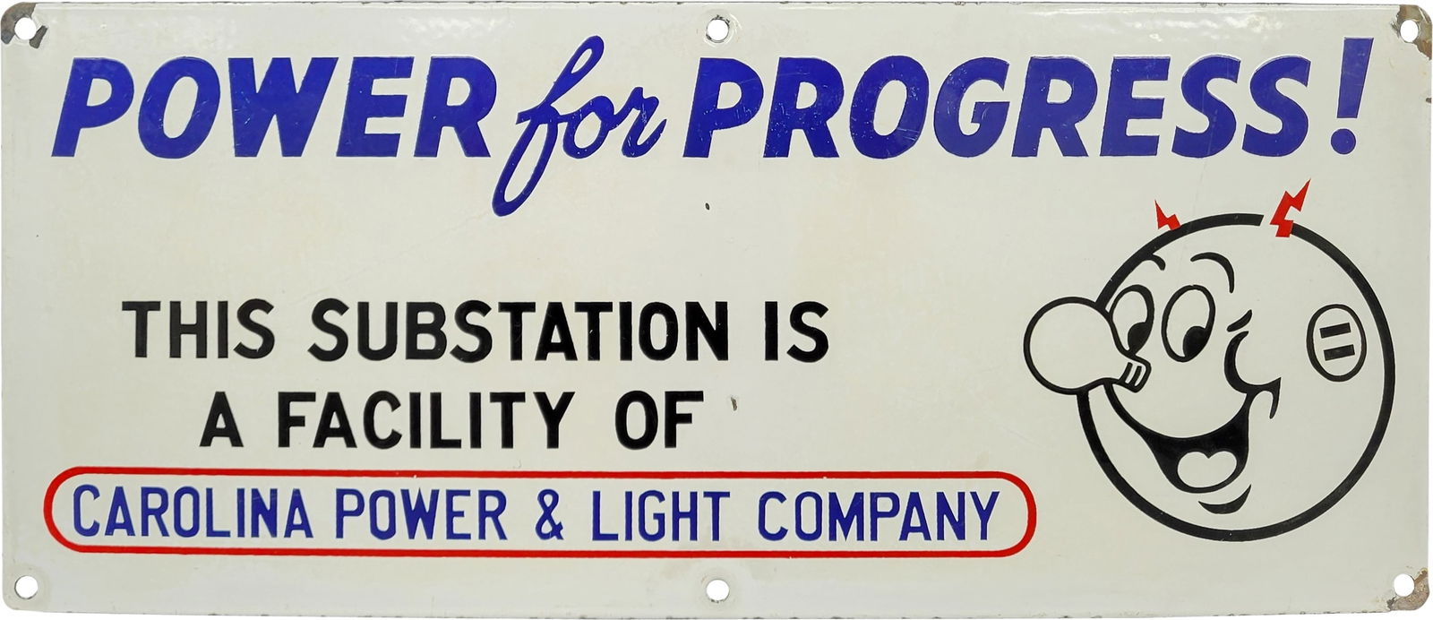 Carolina Power & Light Co. "Power for Progress" Single Sided Porcelain Sign w/ Reddy Kilowatt (1 of 2)