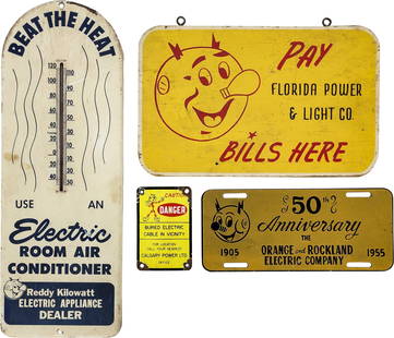 Reddy Kilowatt Thermometer and Misc. Signs: This lot includes four items, a 7.5" x 21" working Beat the Heat SST (single sided tin) thermometer that exhibits general wear and slight discoloration. There is a minor bend and some flaked paint alo